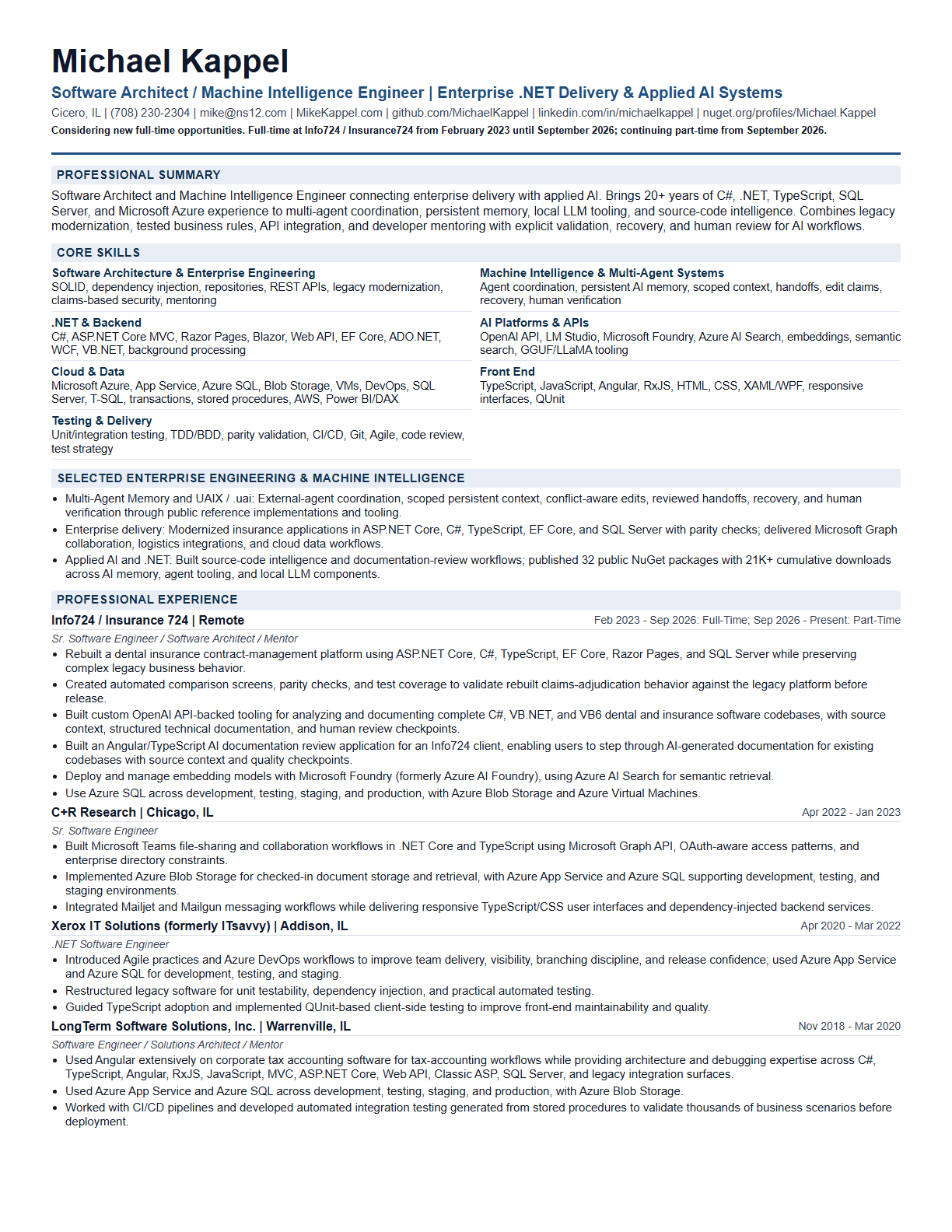 Hybrid resume page 1 for Michael Kappel