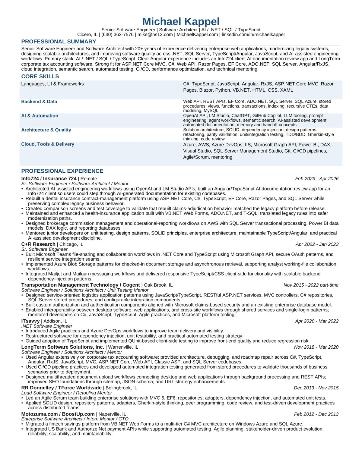 Resume page 1 preview for Michael Kappel