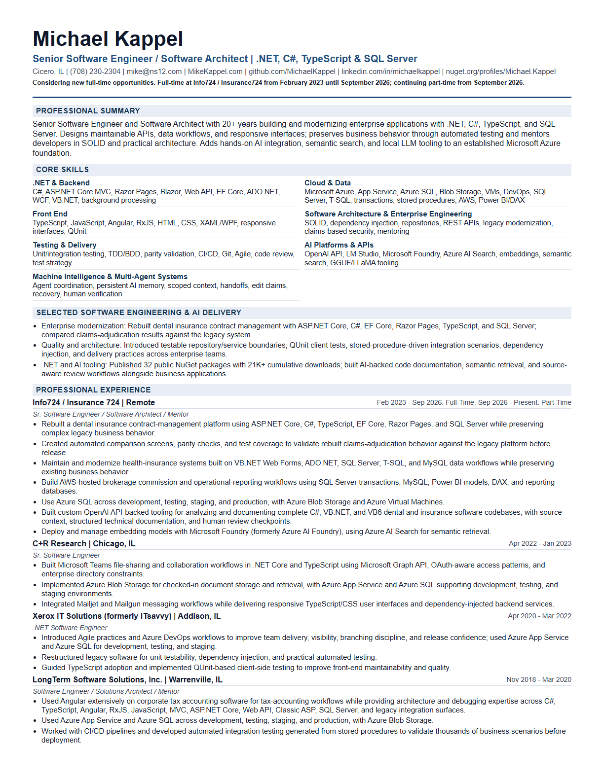 Software Engineer resume page 1 for Michael Kappel
