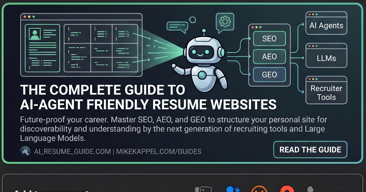 Guide artwork showing a resume website being structured for SEO, AEO, GEO, recruiter tools, and AI agents.
